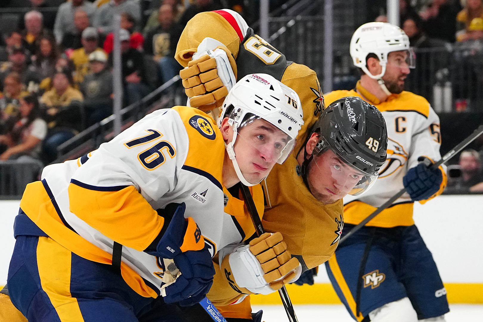 Ivan Barbashev skates the puck past Predators defenseman Brady Skjei during the second period at T-Mobile Arena on Jan. 17, 2026.