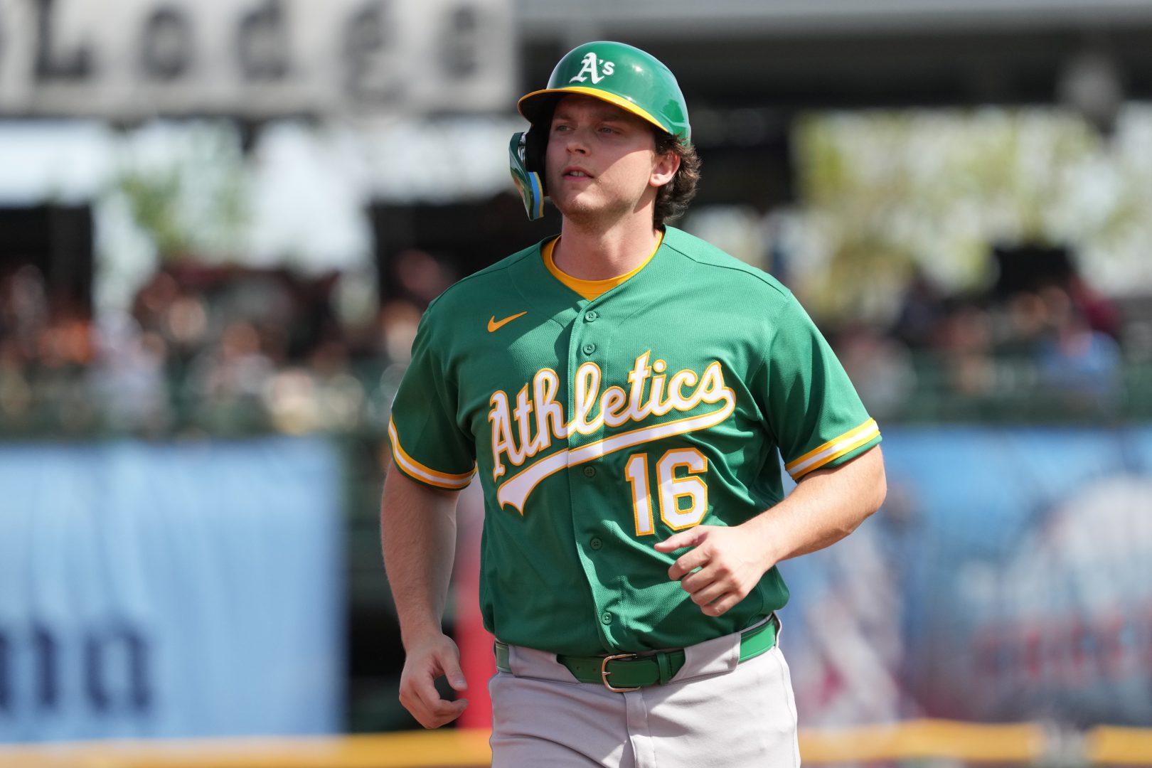 Athletics first baseman Nick Kurtz runs the bases in the first inning against the Giants at Scottsdale Stadium.
