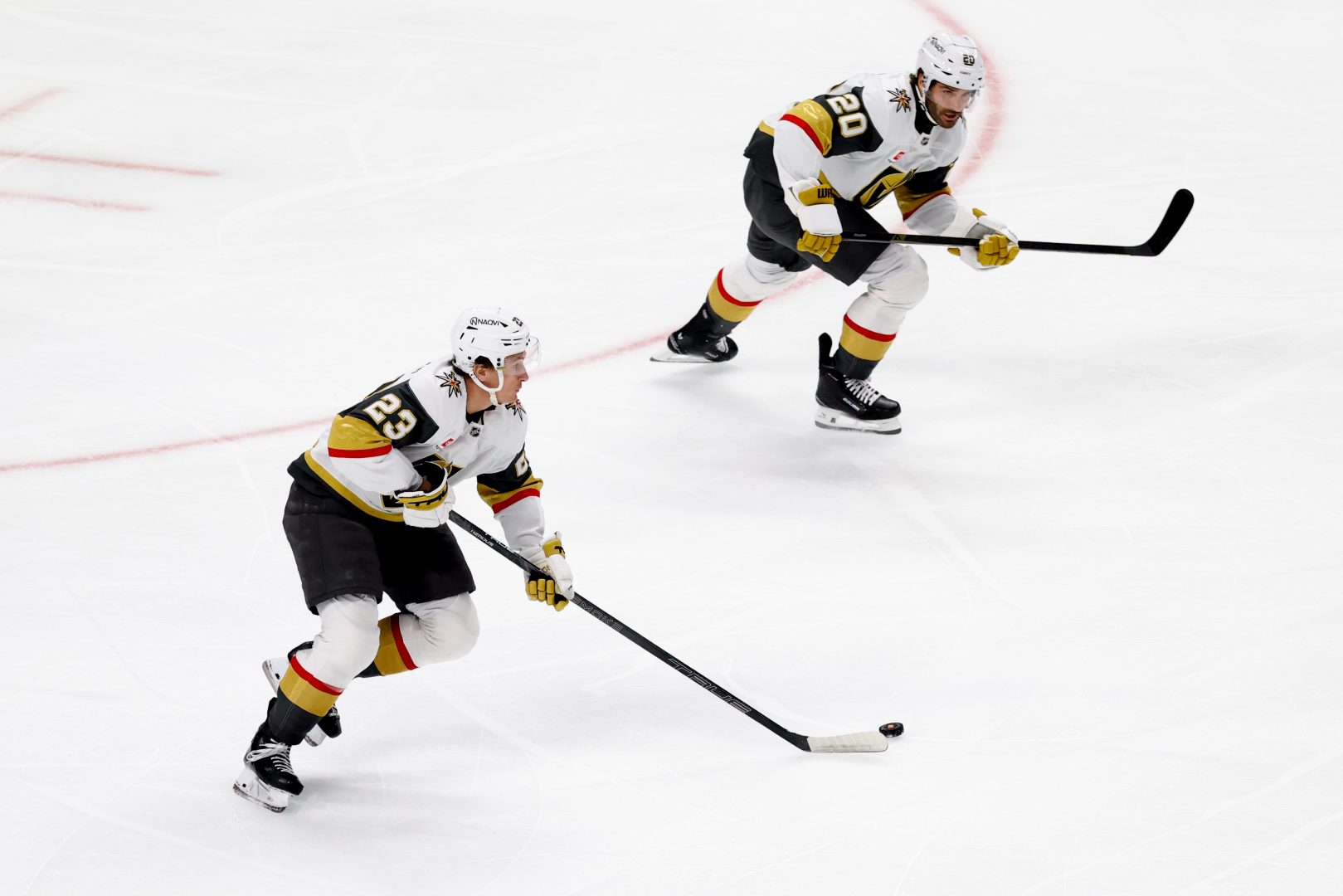 Vegas Golden Knights left wing Cole Reinhardt (23) carries the puck during the first period against the Detroit Red Wings at Little Caesars Arena in Detroit.