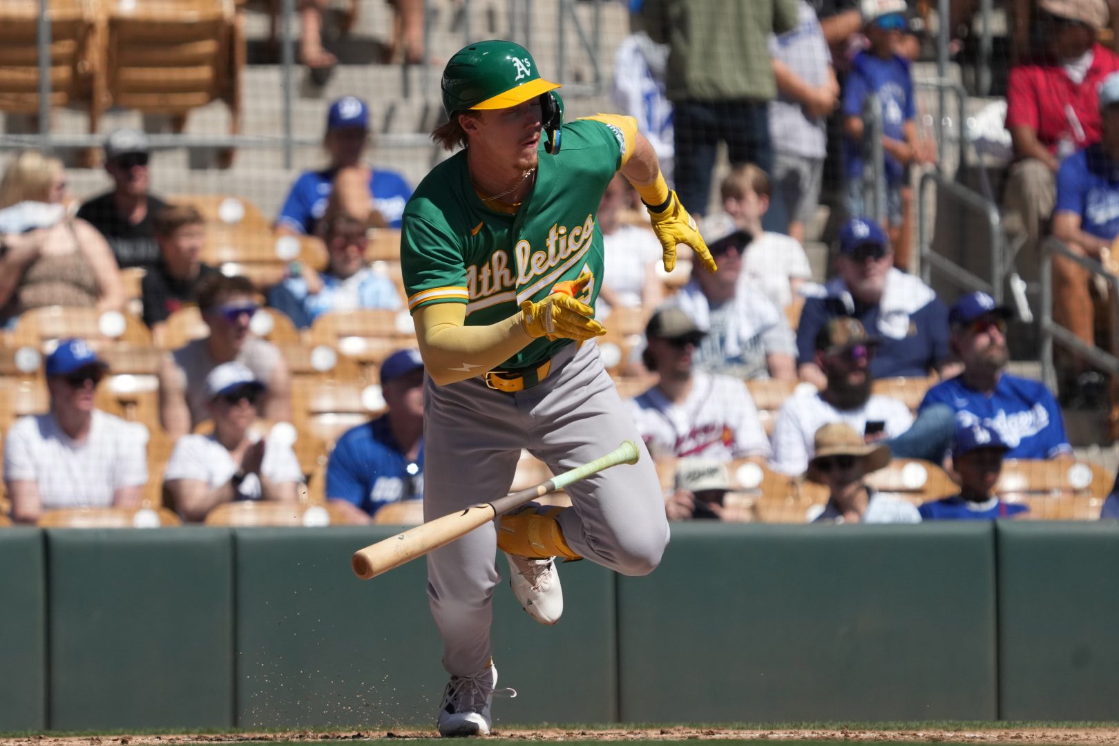 Athletics right fielder Henry Bolte swings at a pitch against the Dodgers in the second inning at Camelback Ranch-Glendale on March 21, 2026.