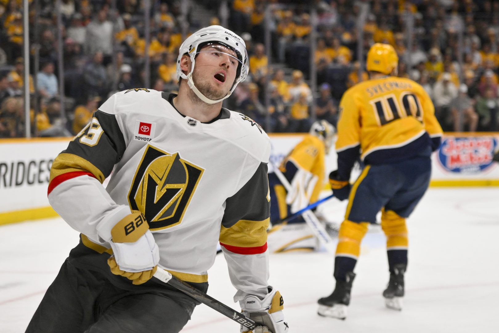 Mitch Marner reacts after missing a shot during the third period of the Golden Knights’ 4-1 road loss to the Predators at Bridgestone Arena on March 21, 2026.