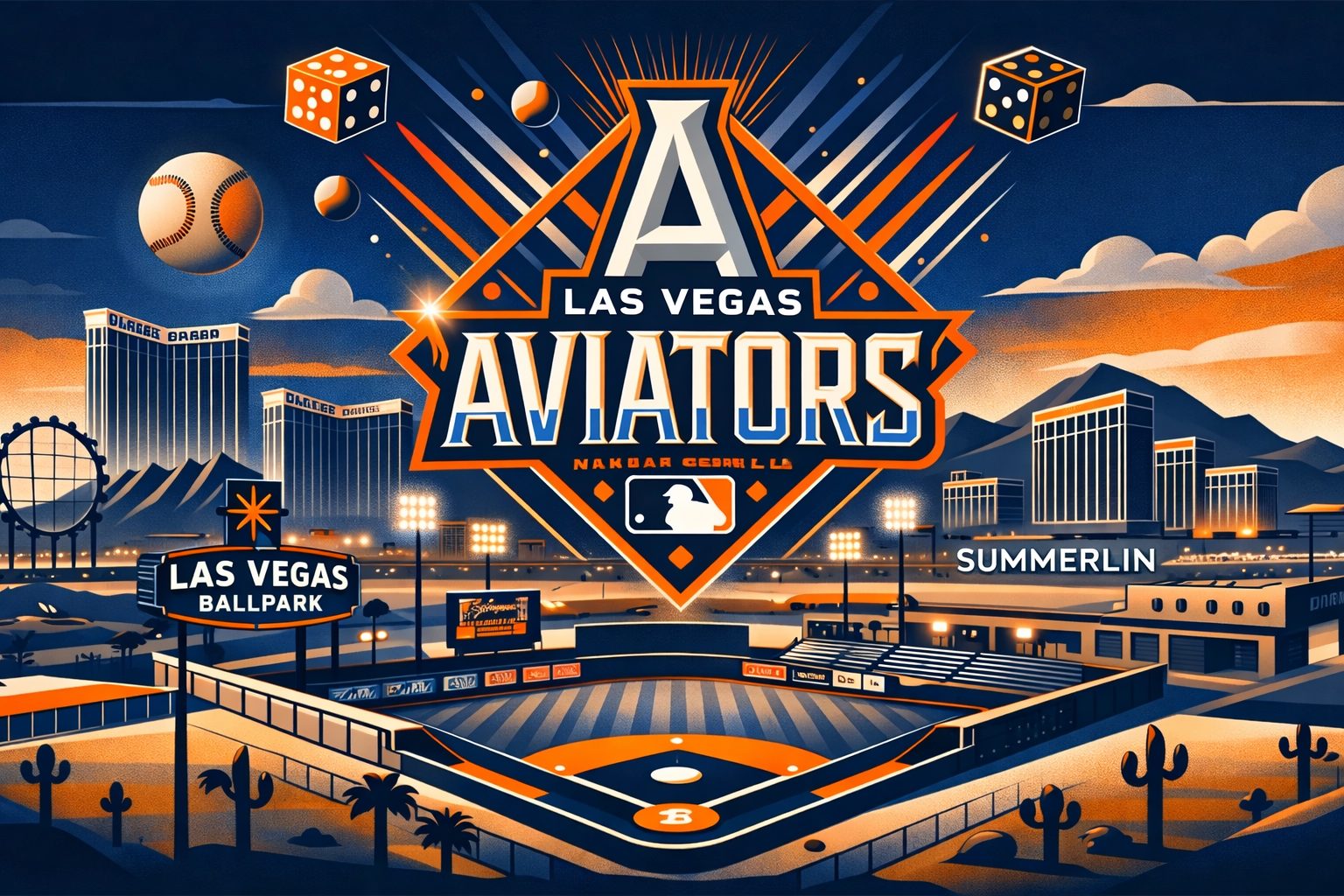 Stylized Las Vegas Aviators logo over Las Vegas Ballpark and skyline with dice and baseballs in navy and orange.