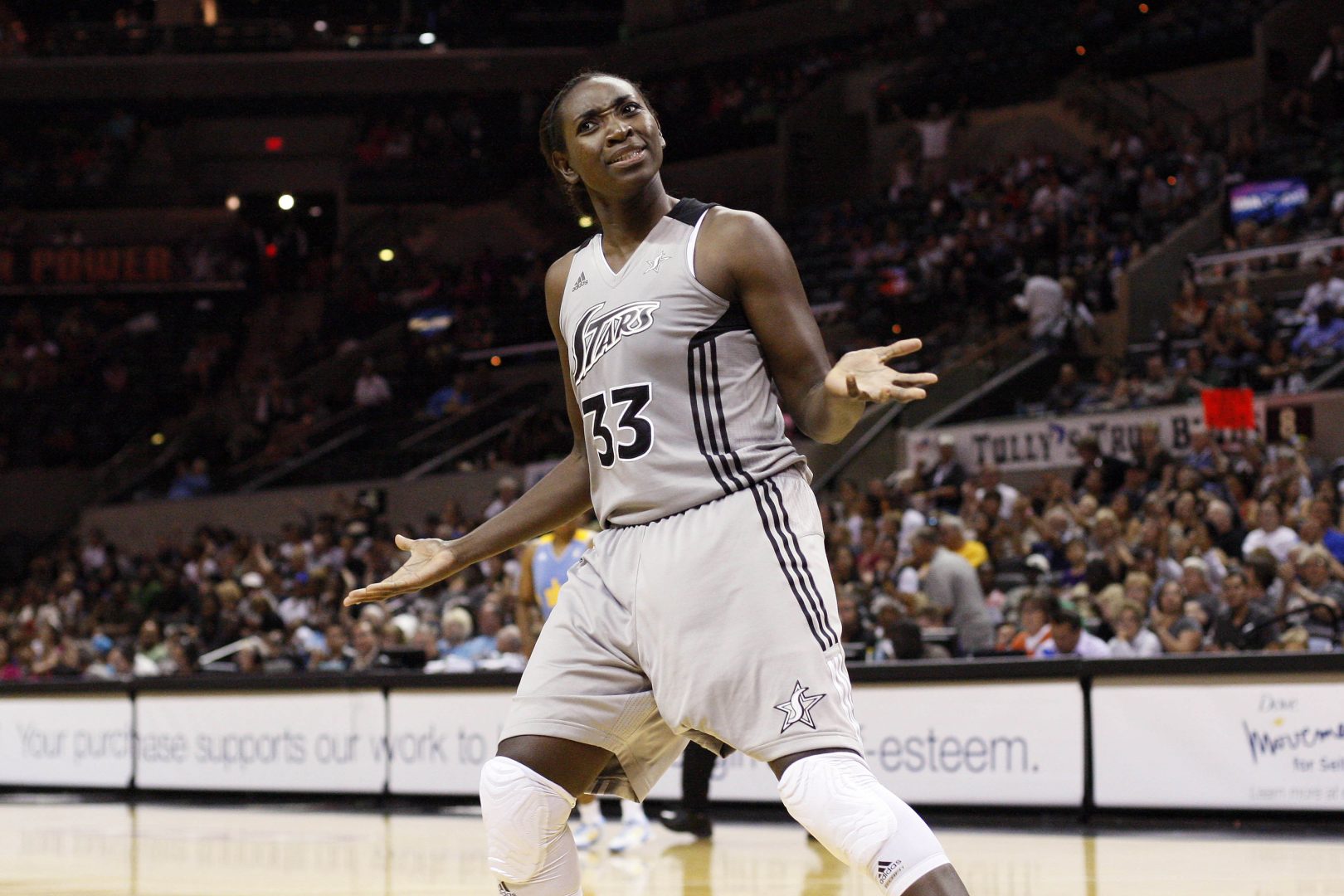 Sophia Young reacts during a San Antonio Silver Stars game against the Chicago Sky.