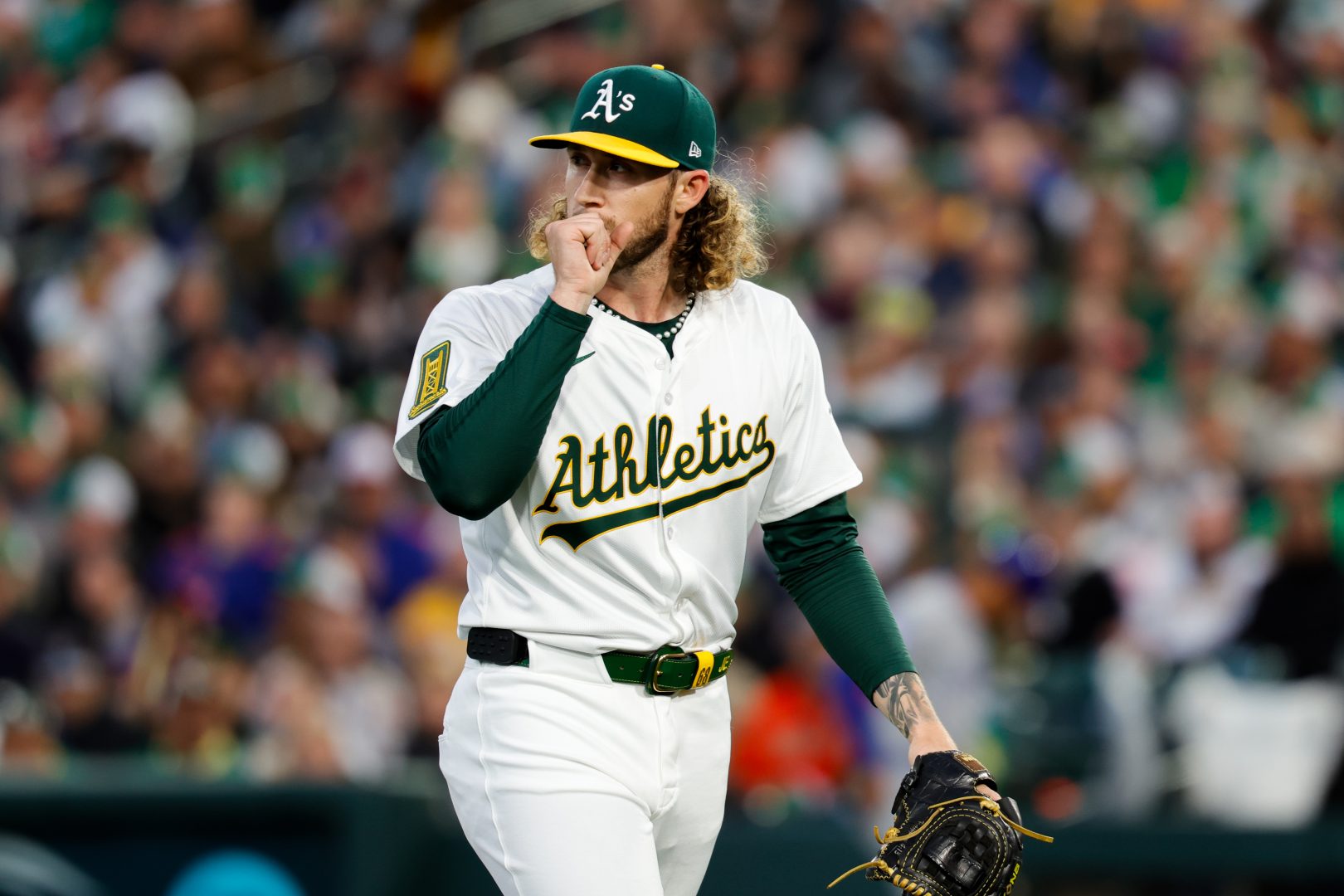 Joey Estes walks off the mound after the first inning against the Chicago Cubs at Sutter Health Park on March 31, 2025. The right-hander earned the win Wednesday in Tacoma with six strong innings.