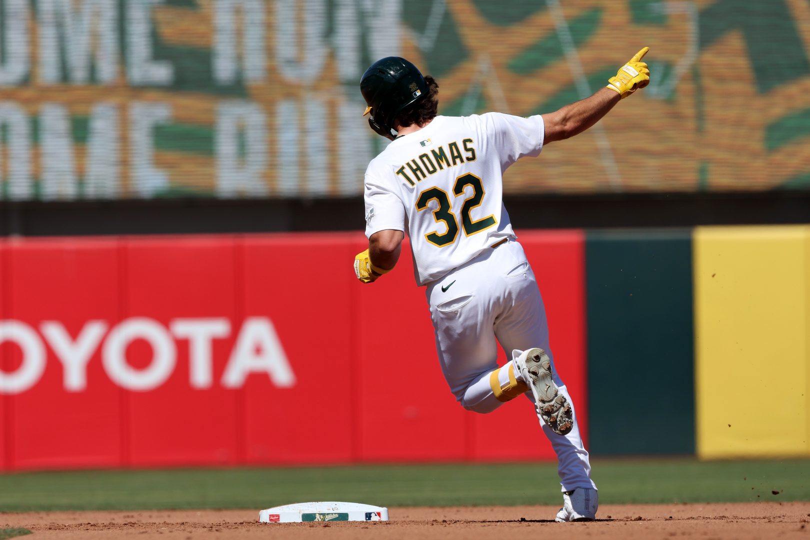 Colby Thomas, pictured with the Athletics in September 2025, reacts after hitting a solo home run against the Cincinnati Reds at Sutter Health Park.