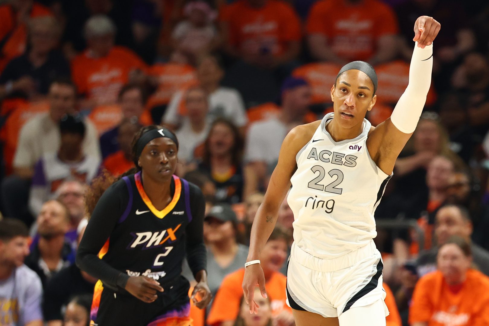 A’ja Wilson reacts after making a shot for the Aces against the Mercury in Game 3 of the 2025 WNBA Finals in Phoenix.