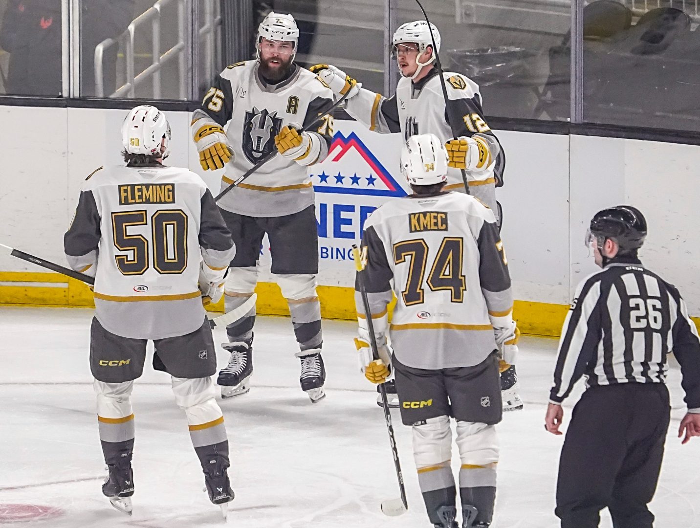 Henderson Silver Knights forward Jakub Brabenec celebrates with teammates after Henderson’s first goal during the first period at Acrisure Arena in Palm Desert, California, on Feb. 26, 2026.
