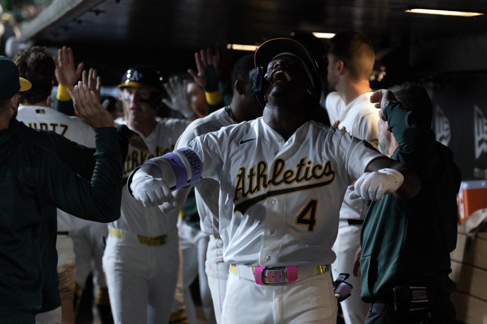 Lawrence Butler celebrates after hitting a three-run home run against the Astros in the Athletics’ home opener at Sutter Health Park.