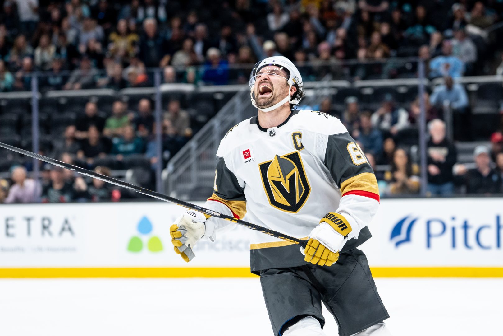 Mark Stone reacts after missing in the shootout against the Kraken at Climate Pledge Arena on April 9, 2026.