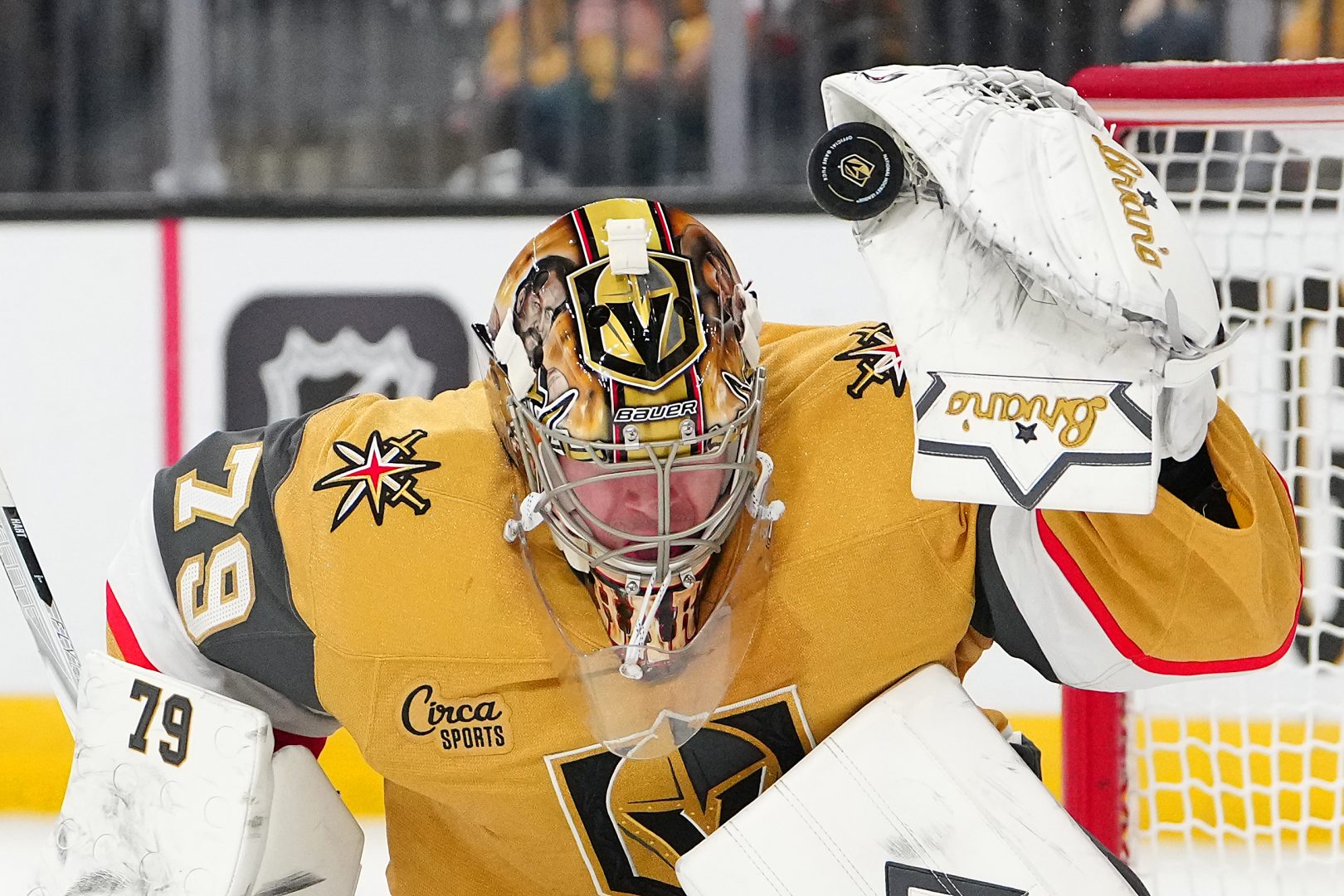 Carter Hart makes a save in the first period against the Seattle Kraken at T-Mobile Arena