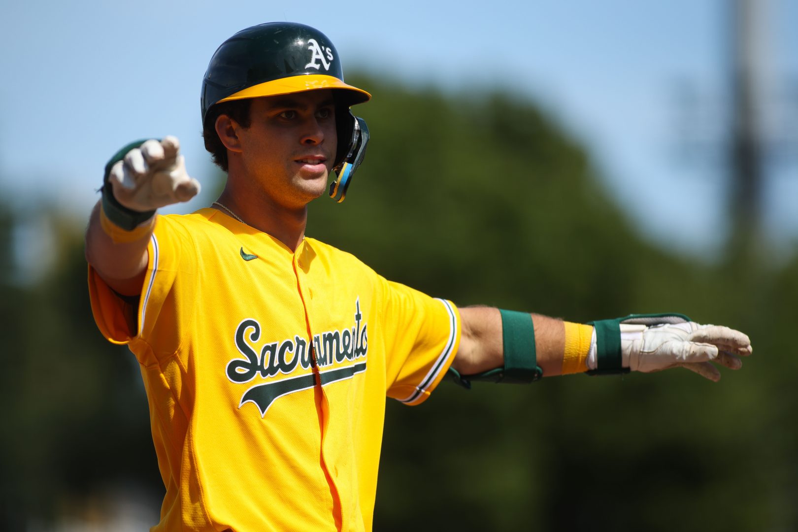 Max Muncy reacts after hitting a triple for the Athletics during the sixth inning on April 18, 2026, at Sutter Health Park.