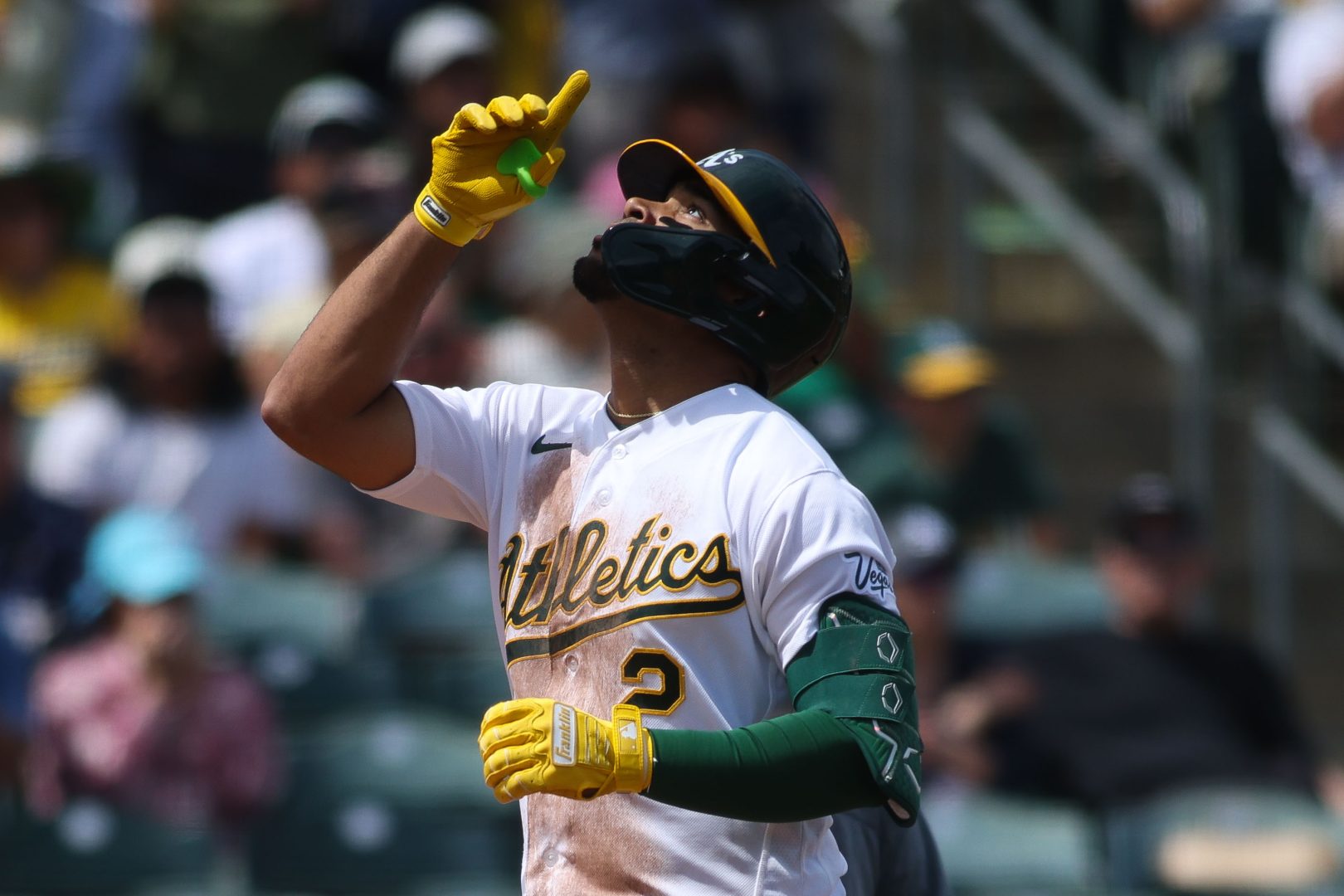 Darell Hernaiz gestures while rounding the bases after his solo home run against the White Sox during the second inning on April 19, 2026, at Sutter Health Park