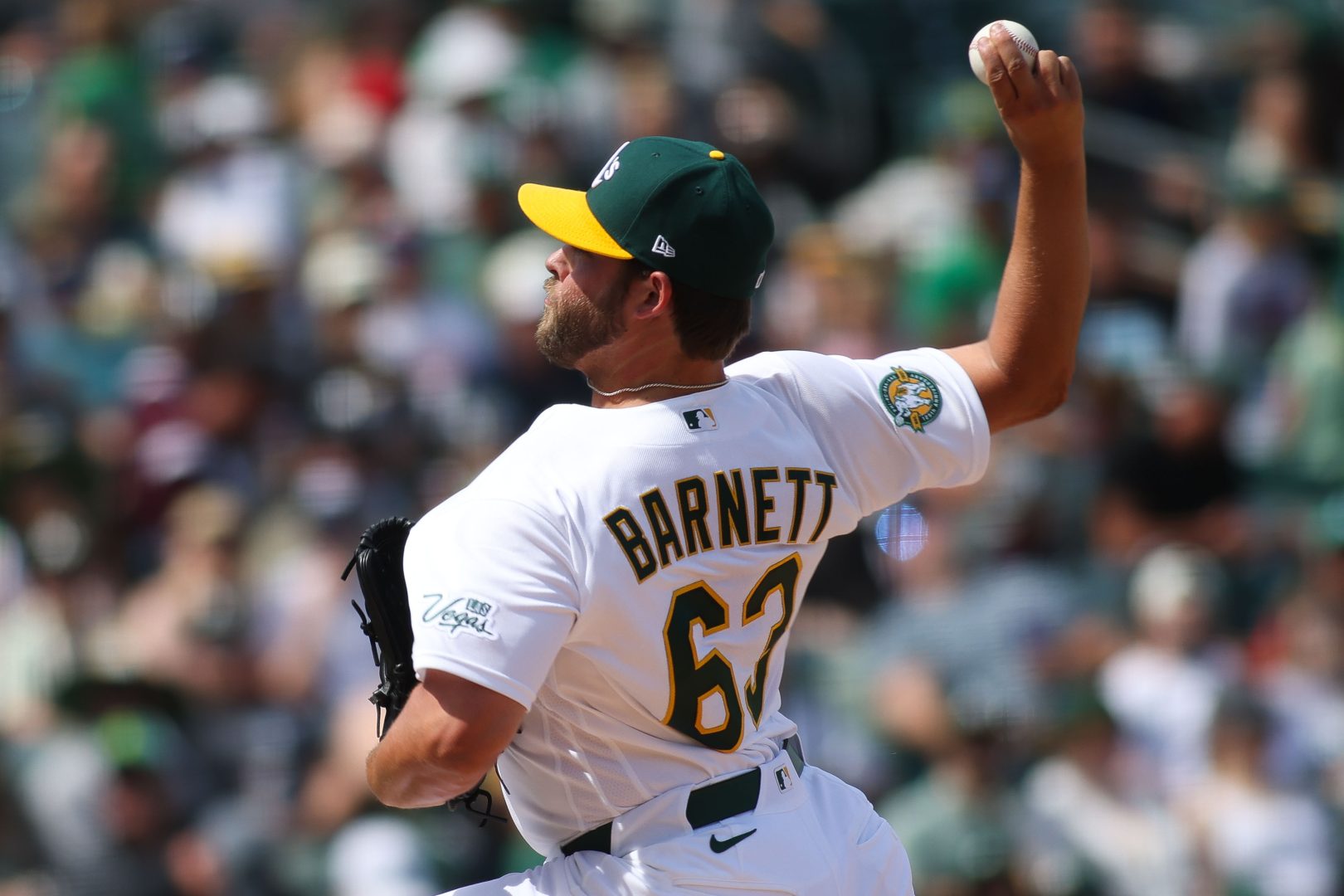 Athletics pitcher Mason Barnett delivers a pitch during a 2026 game at Sutter Health Park in West Sacramento.