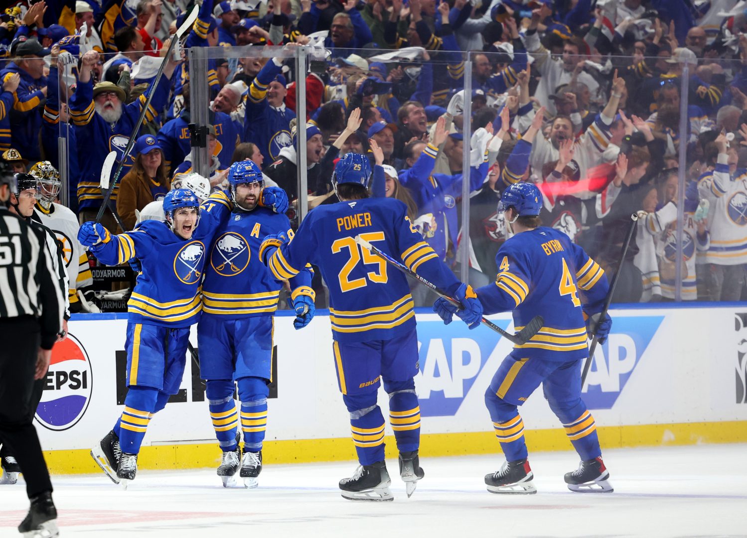 Alex Tuch celebrates his third-period goal as the Sabres surge past the Bruins in Game 1 at KeyBank Center.