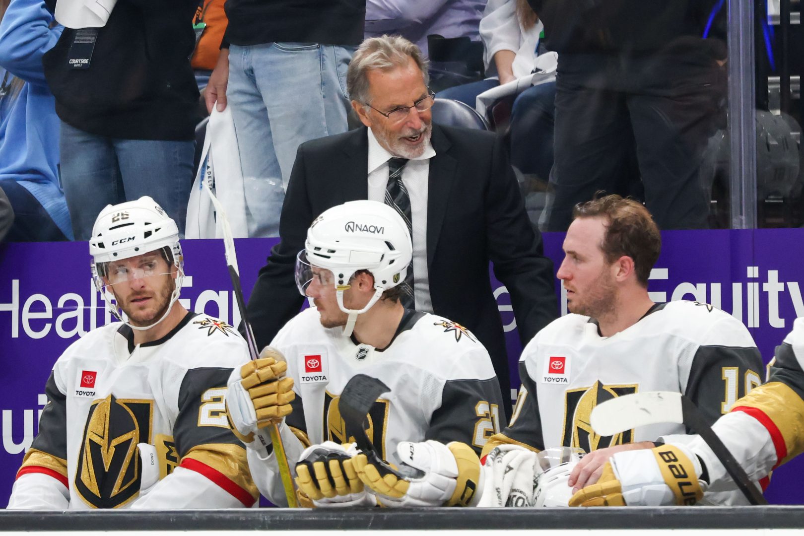 Vegas Golden Knights head coach John Tortorella talks with Nic Dowd, Brett Howden, and Colton Sissons during the third period of Game 3 against the Utah Mammoth at Delta Center.
