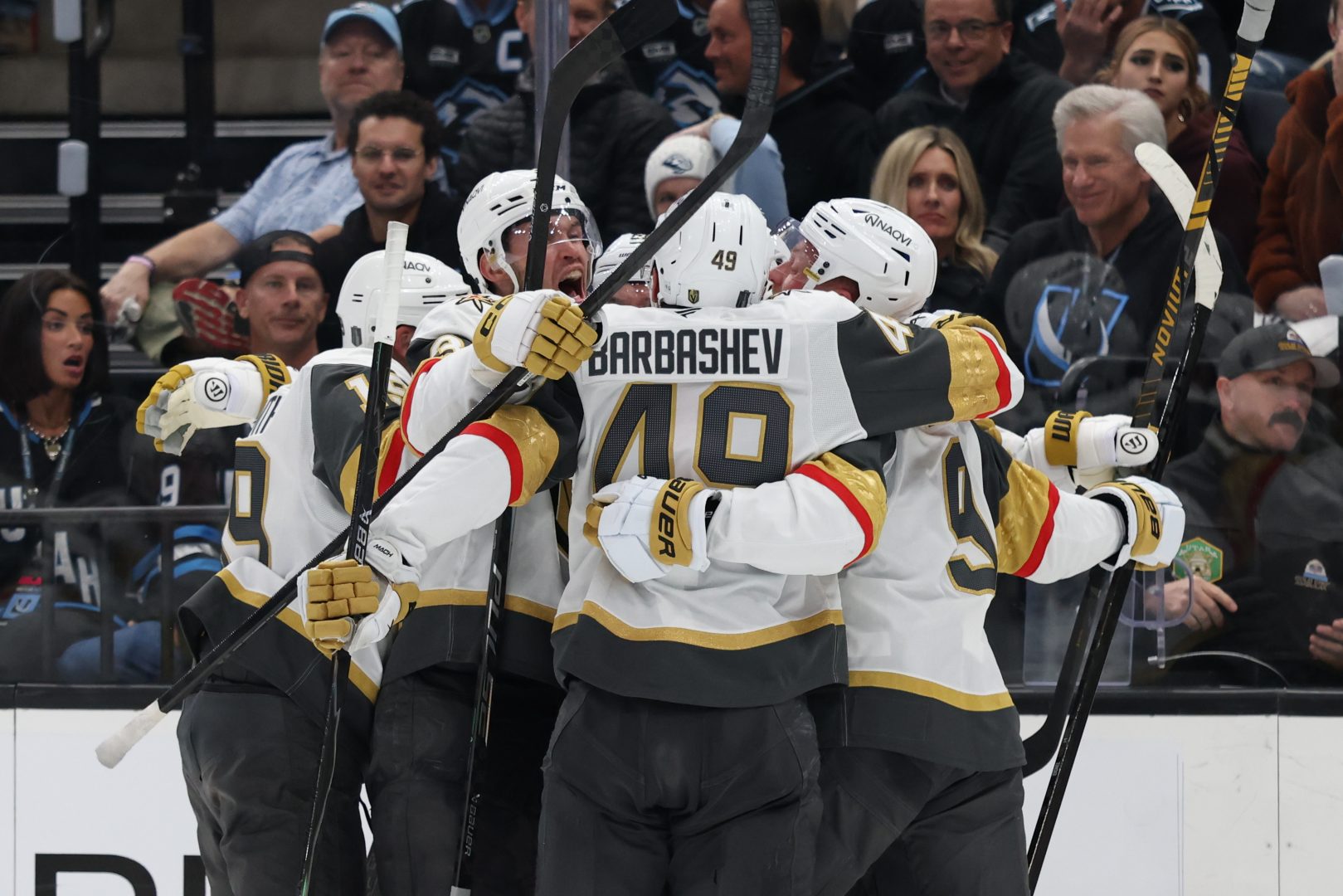 Golden Knights players celebrate Shea Theodore’s overtime goal against the Utah Mammoth in Game 4 at Delta Center