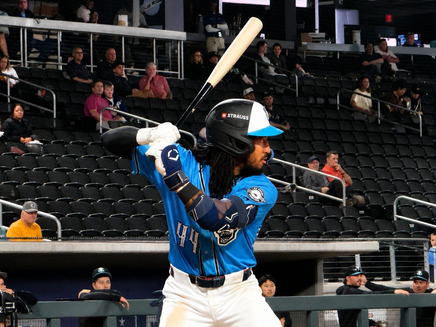 Joshua Kuroda-Grauer batting in a powder blue Reyes de Plata jersey during a 16–8 win over Albuquerque at Las Vegas Ballpark.