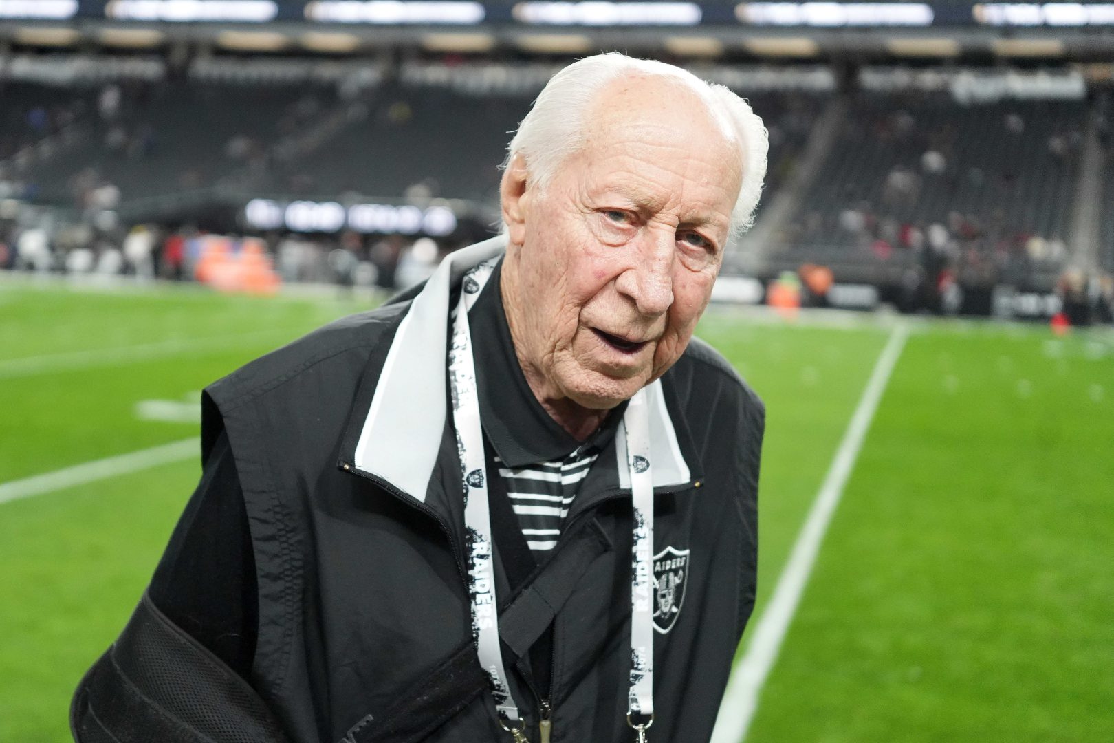 Fred Biletnikoff attends the game between the Atlanta Falcons and the Las Vegas Raiders at Allegiant Stadium.