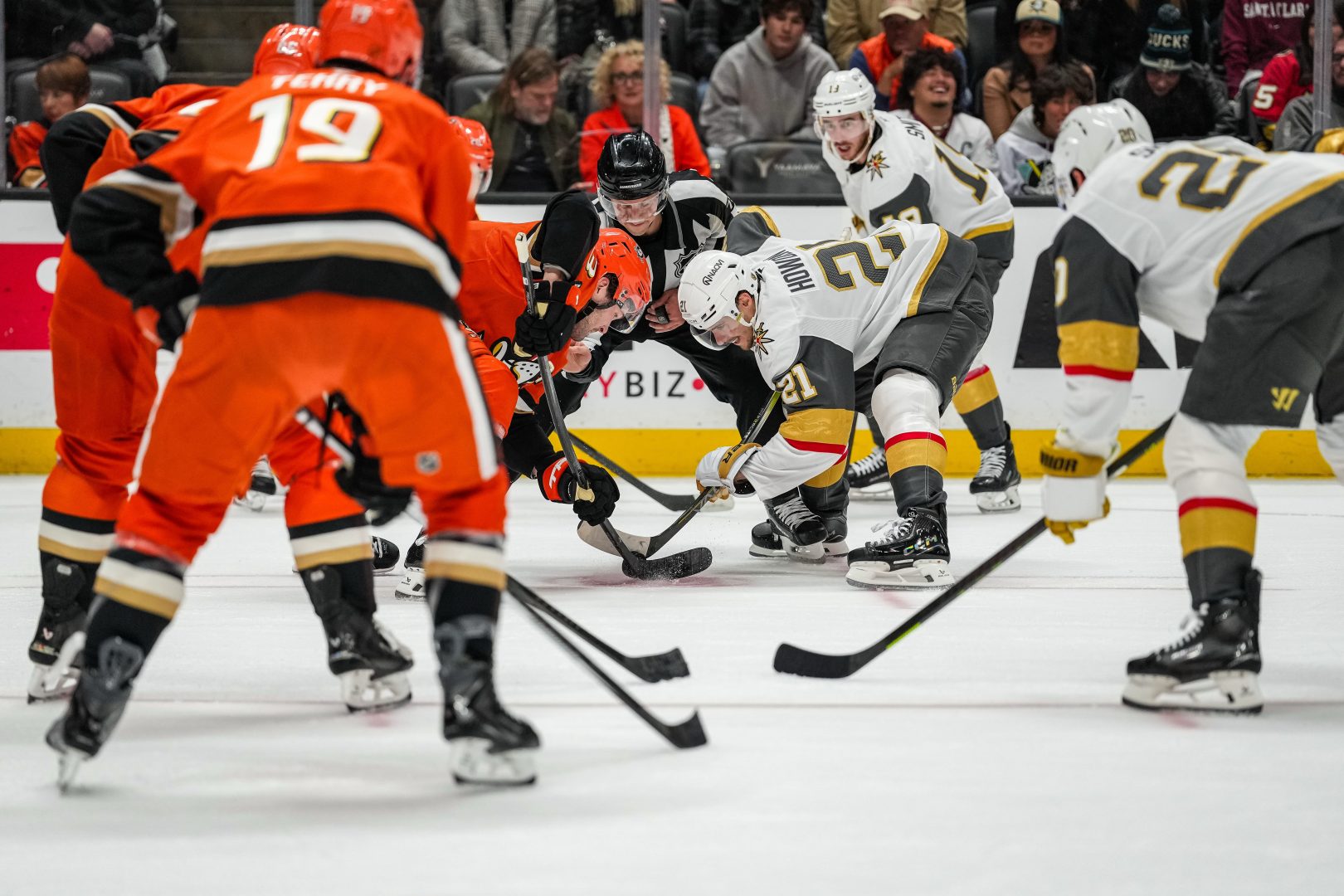 Faceoff between the Vegas Golden Knights and Anaheim Ducks during a regular-season game at Honda Center, highlighting the matchup ahead of their second-round playoff series