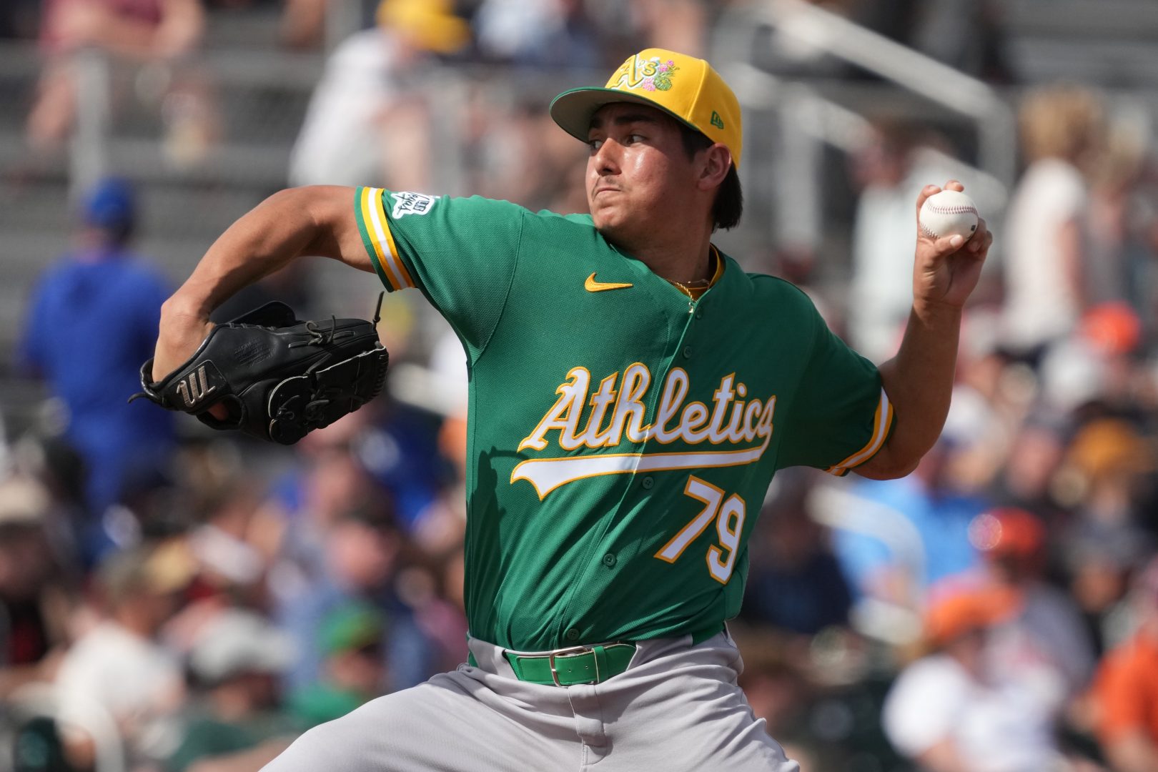 Athletics pitcher Gage Jump throws during the third inning of a Spring Training game against the San Francisco Giants at Scottsdale Stadium on Feb. 23, 2026.