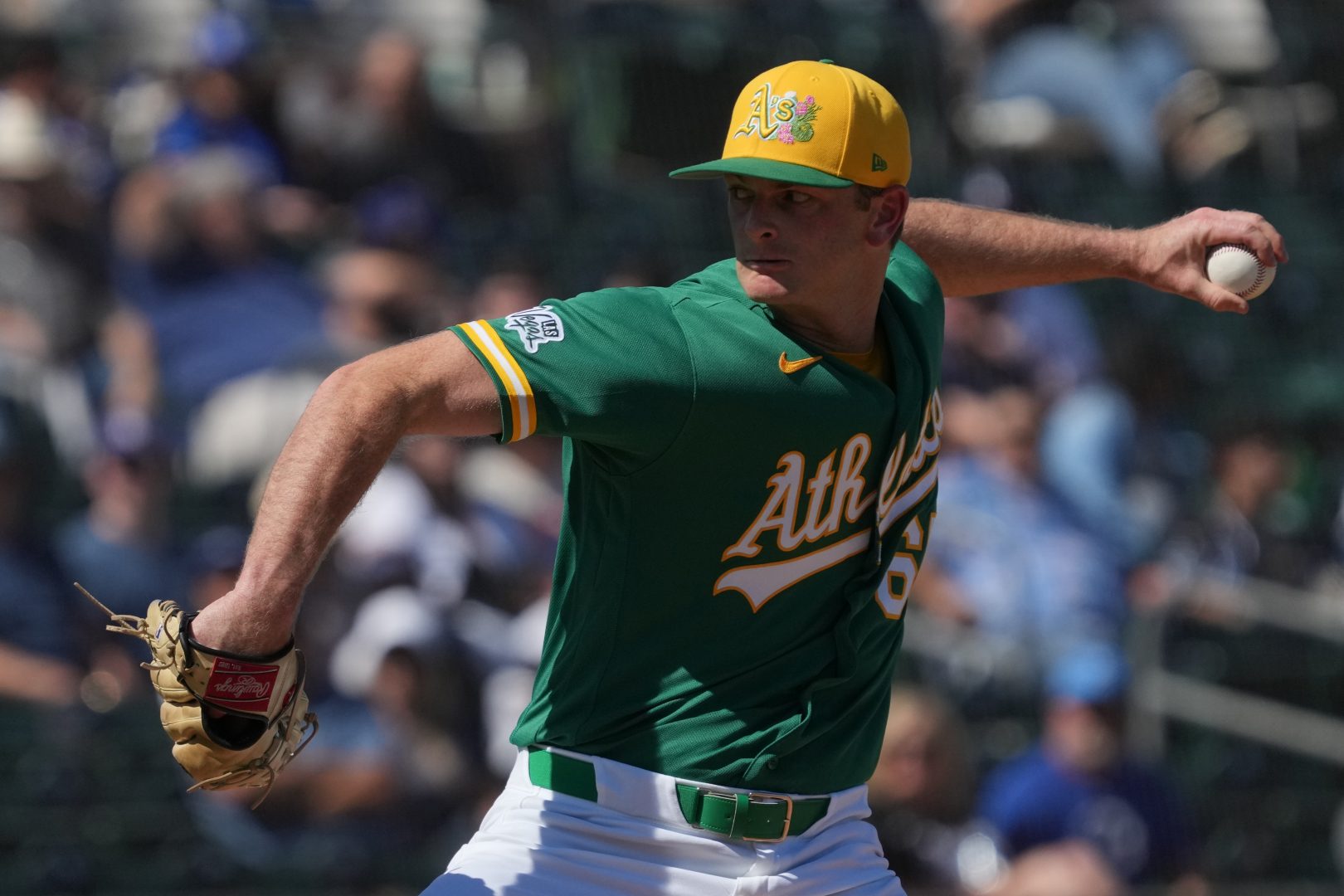 Matt Krook delivers a pitch during a spring training game against the Los Angeles Dodgers at Hohokam Stadium on March 8, 2026. Krook later worked in relief during the Aviators’ loss to St. Paul.