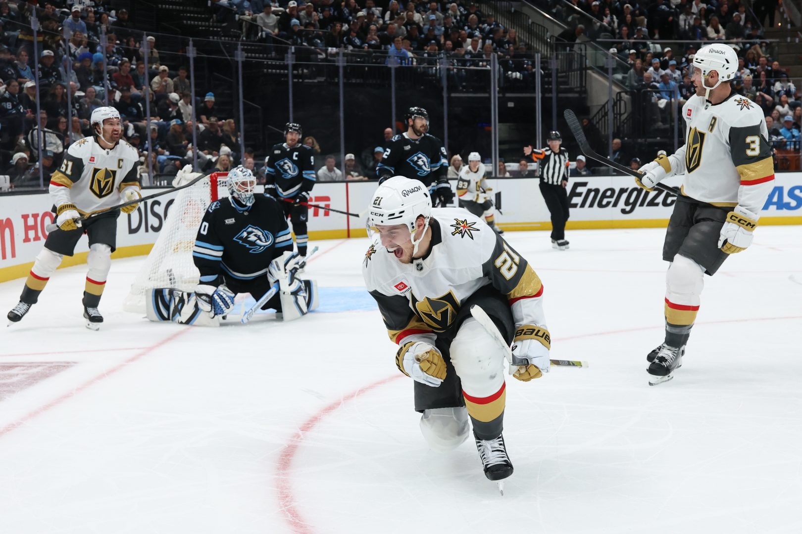 Brett Howden celebrates after scoring a first-period goal for the Golden Knights against the Utah Mammoth in Game 6 at Delta Center