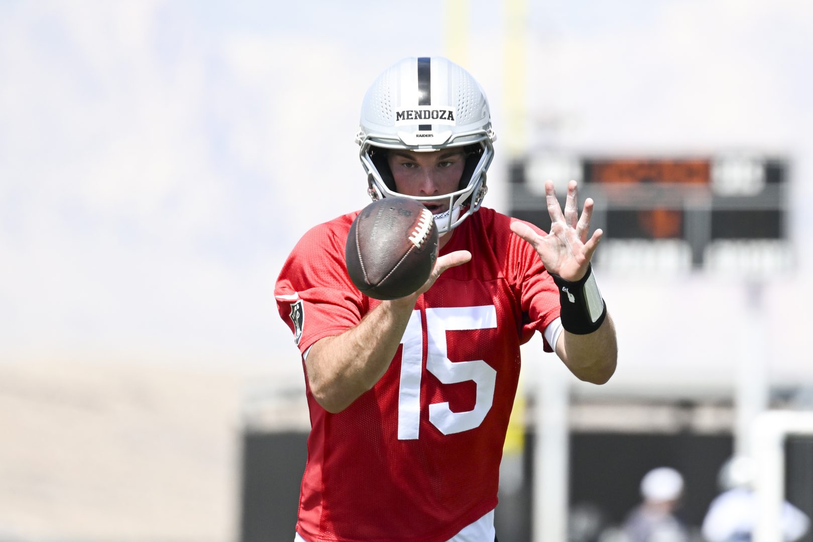 Las Vegas Raiders quarterback Fernando Mendoza runs through a drill during rookie minicamp at Intermountain Health Performance Center in Henderson on May 2, 2026.