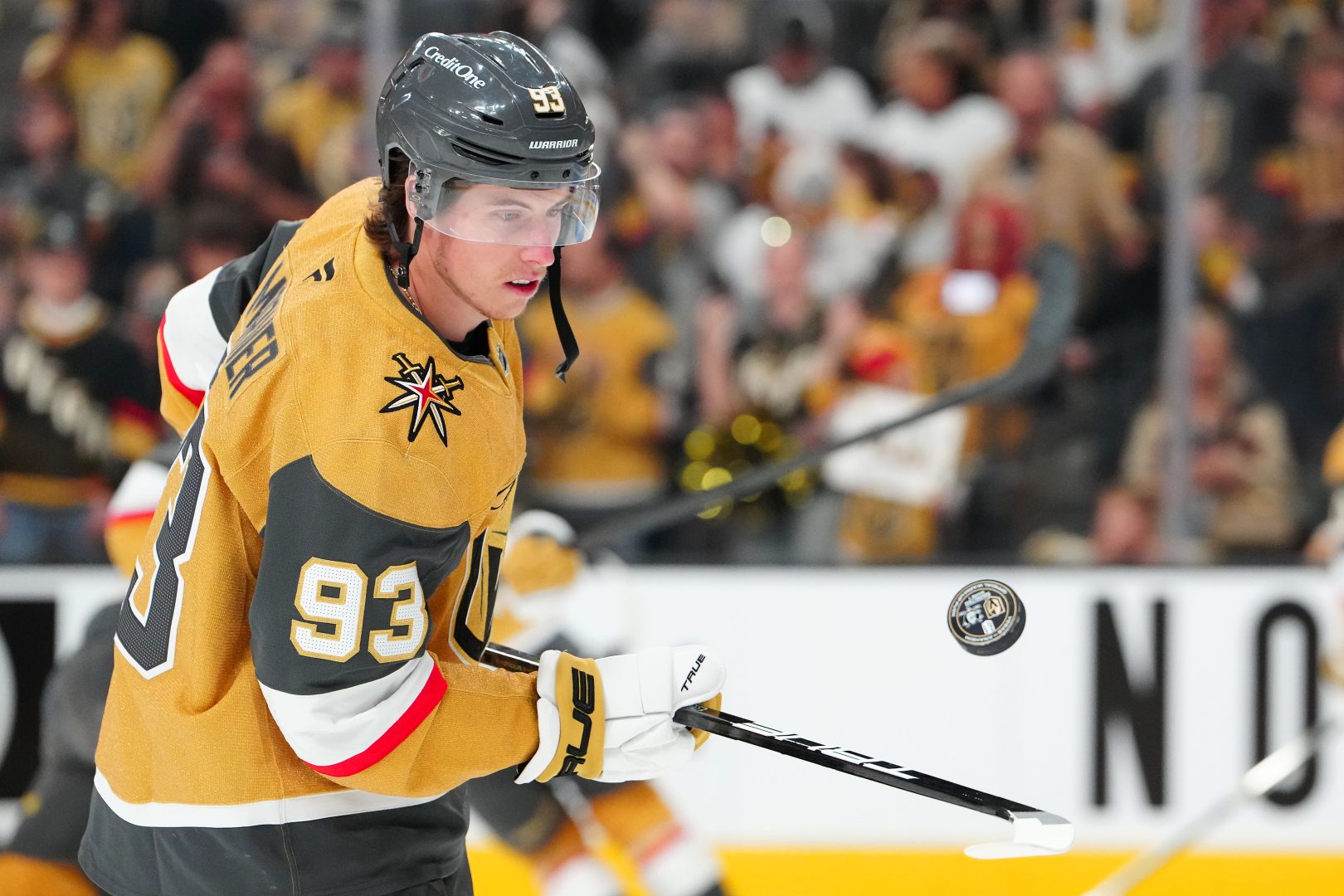 Vegas Golden Knights forward Mitch Marner warms up before a playoff game against the Anaheim Ducks at T-Mobile Arena ahead of Game 4 of the second-round series.