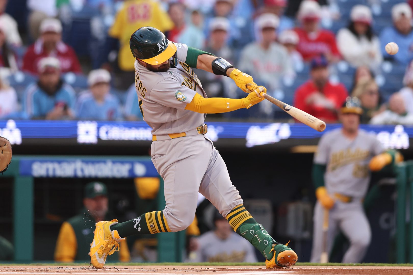 Shea Langeliers hits a two-run home run during the first inning against the Phillies at Citizens Bank Park