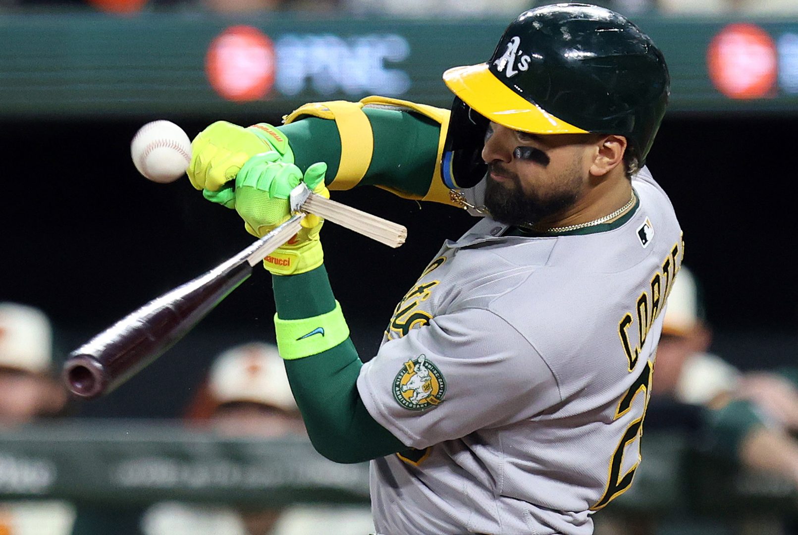 Athletics right fielder Carlos Cortes breaks his bat while swinging during the fourth inning against the Baltimore Orioles at Oriole Park at Camden Yards on May 8, 2026.