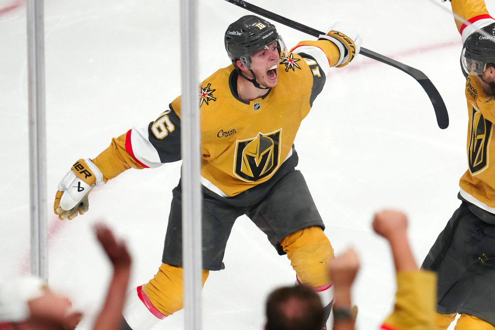 Vegas Golden Knights forward Pavel Dorofeyev celebrates after scoring the overtime winner against the Anaheim Ducks in Game 5 of the second-round Stanley Cup Playoffs at T-Mobile Arena.