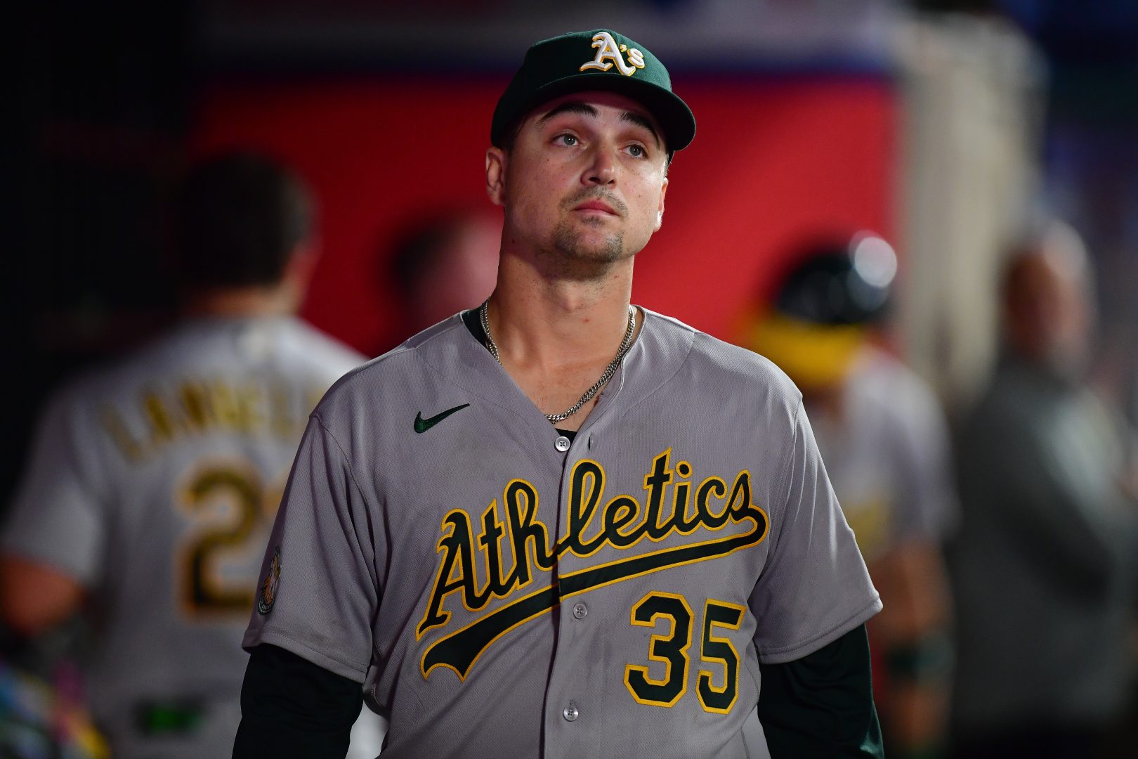 Athletics pitcher J.T. Ginn waits on the mound during the seventh inning against the Los Angeles Angels at Angel Stadium.