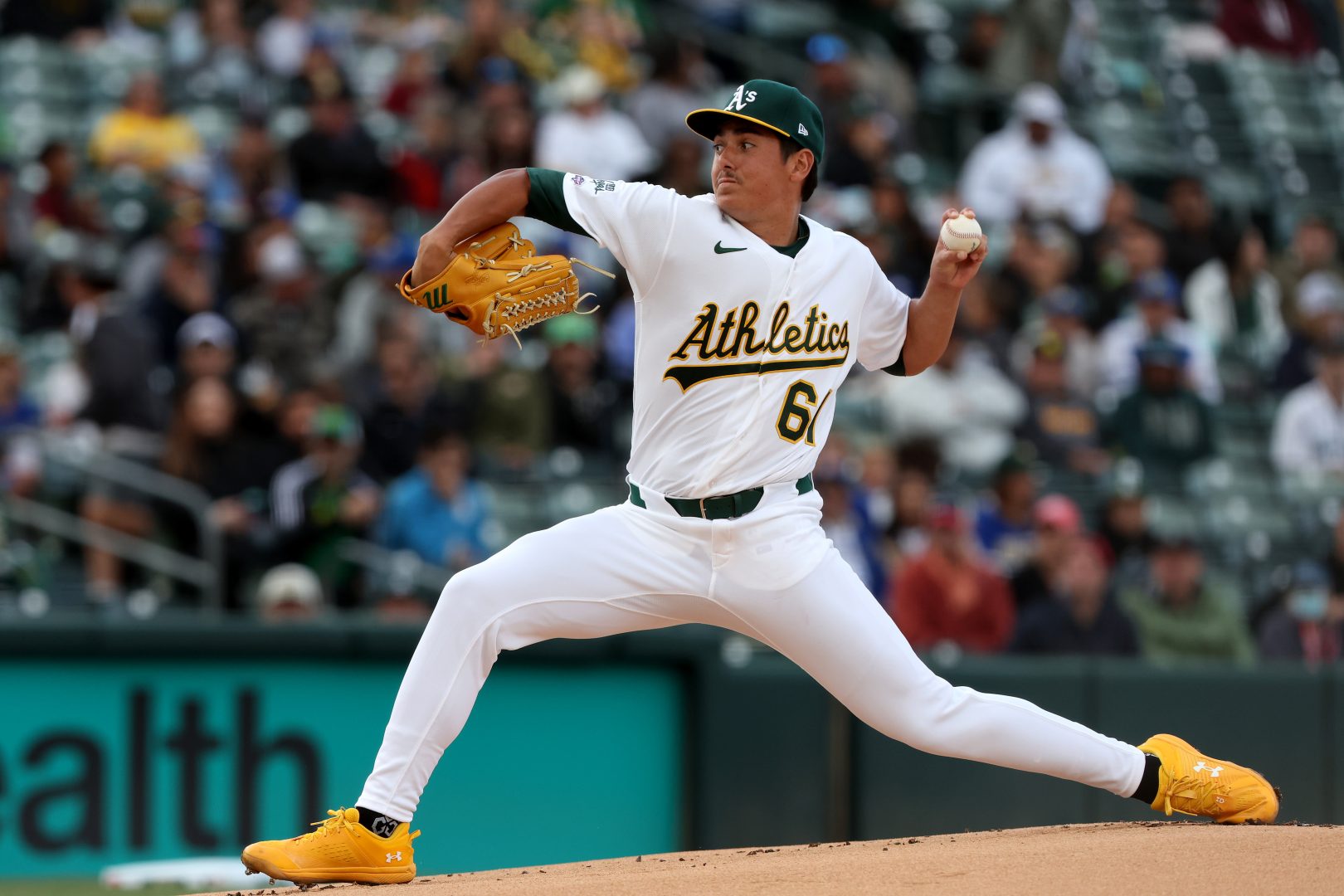 Gage Jump throws a pitch during his MLB debut against the Seattle Mariners.