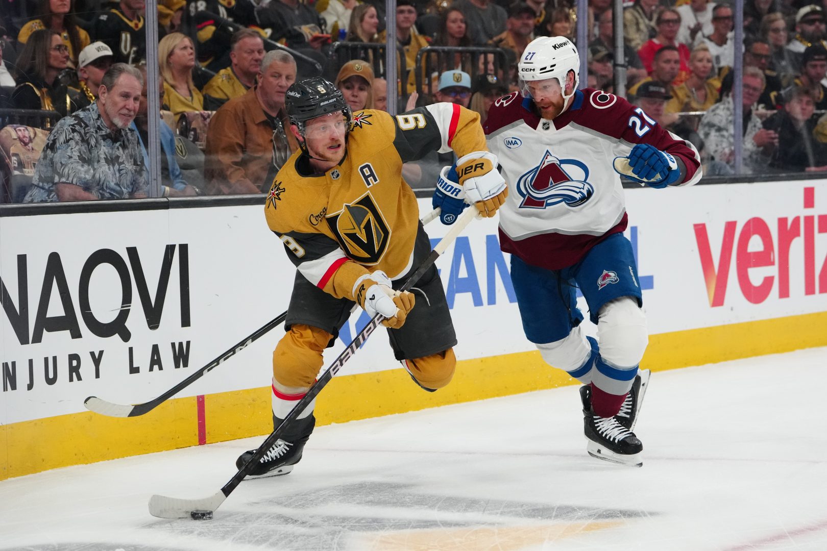 Jack Eichel controls the puck against Brett Kulak during Game 4 of the Western Conference Final at T-Mobile Arena.