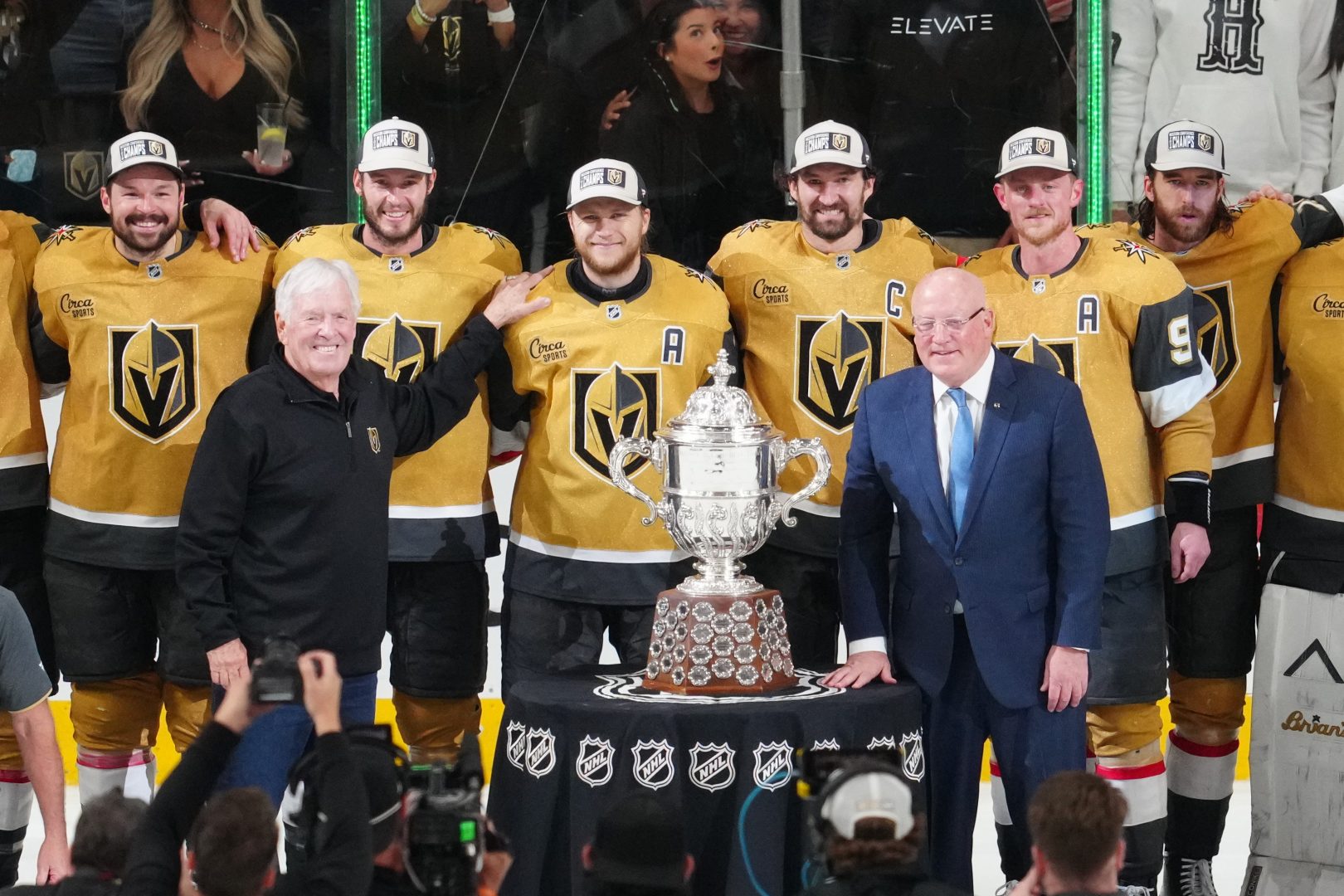 Vegas Golden Knights owner Bill Foley and team officials receive the Clarence S. Campbell Bowl after Vegas swept the Colorado Avalanche to reach the Stanley Cup Final.