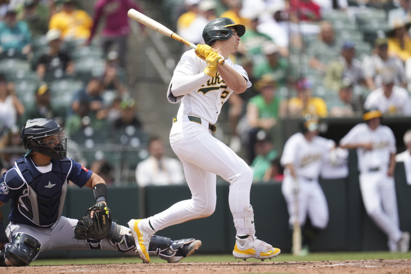 Tyler Soderstrom hits a sixth-inning double against the Seattle Mariners.