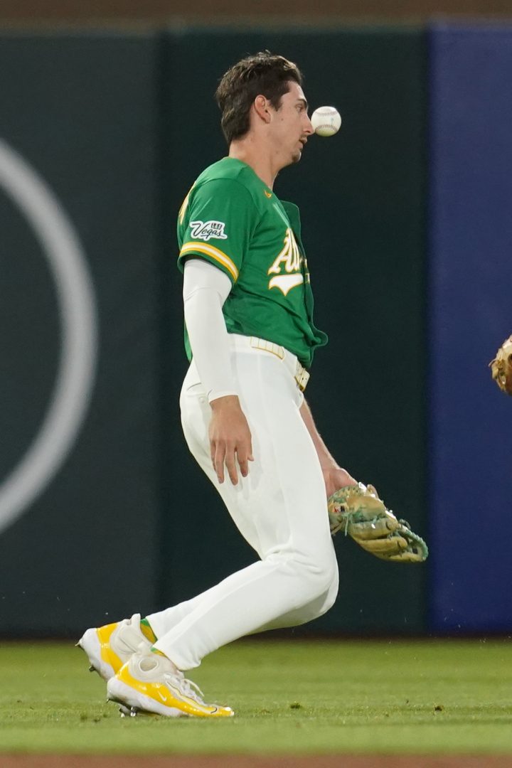 Tyler Soderstrom is unable to make a catch against the Yankees.