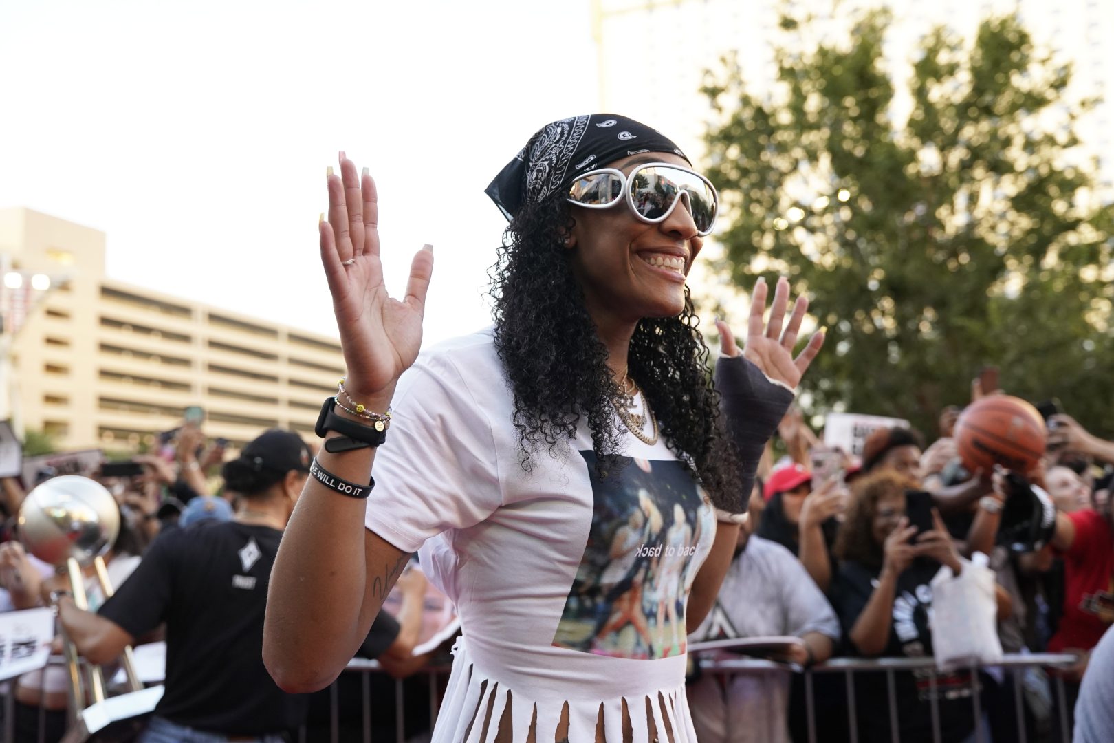 Las Vegas forward Aja Wilson (22) walks the red carpet during the Las Vegas Aces championship parade