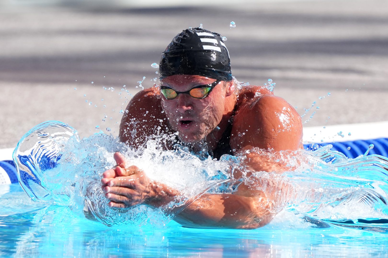 Cody Miller (USA) celebrates after winning the 50m breaststroke in 27.24 during the Enhanced Games at Resorts World Las Vegas.