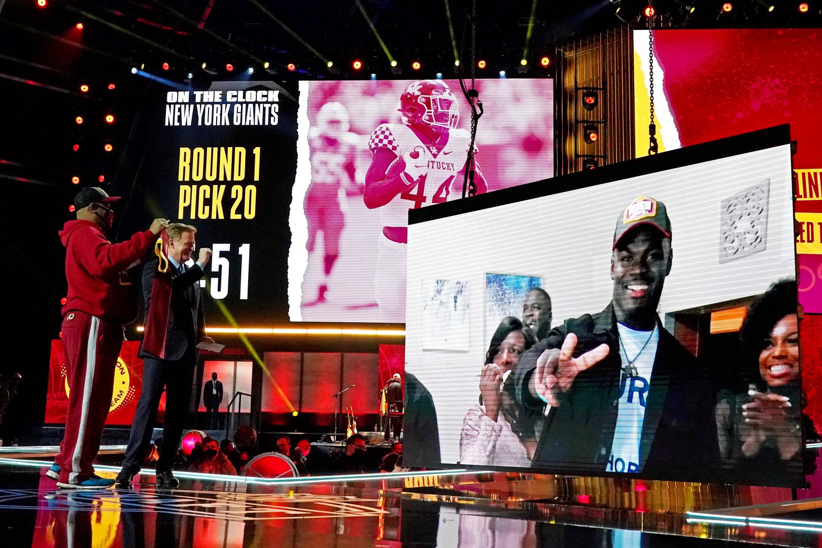Apr 29, 2021; Cleveland, Ohio, USA; Jamin Davis (Kentucky) with NFL commissioner Roger Goodell over video call