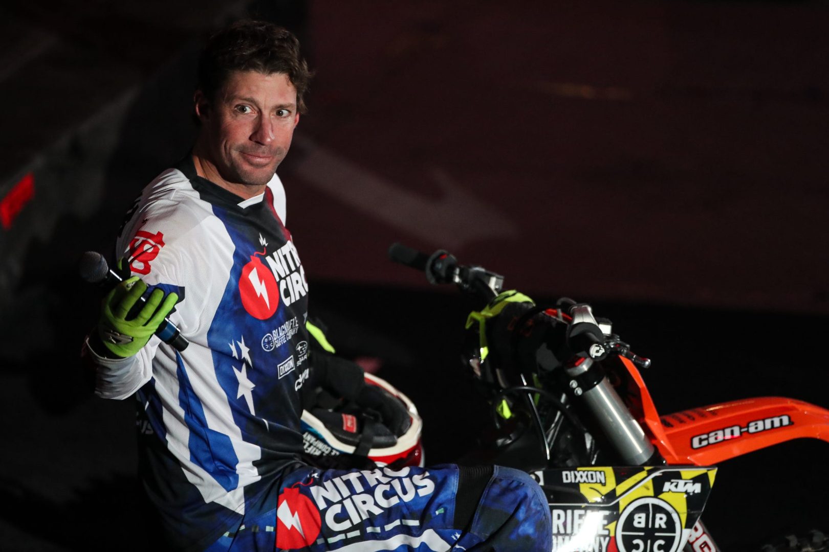 Travis Pastrana speaks to the audience during the Nitro Circus tour