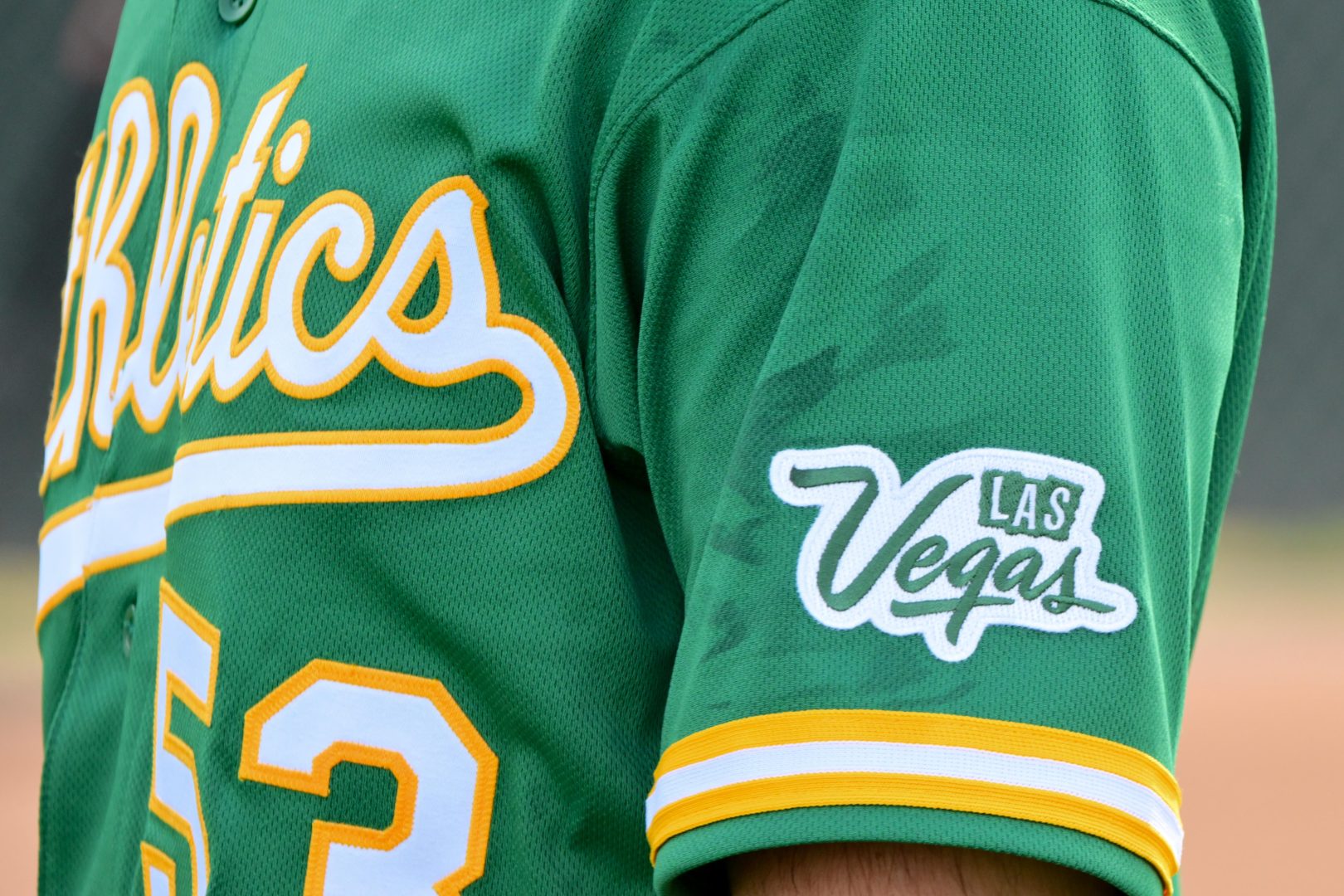 General view of a Las Vegas patch on Athletics uniforms