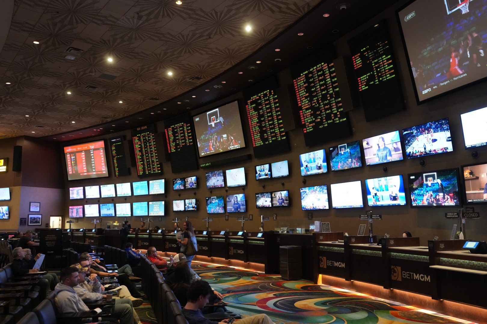 ambling odds are displayed at the BetMGM Sportsbook at MGM Grand hotel and casino.