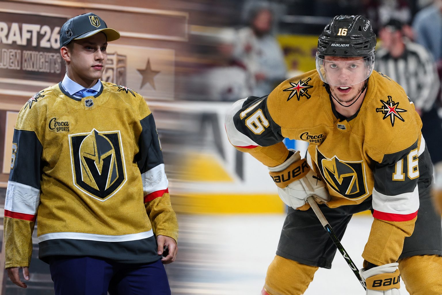 Juho Piiparinen poses after being selected by the Vegas Golden Knights in the 2026 NHL Draft alongside Pavel Dorofeyev, who was traded by Vegas to the New York Rangers.