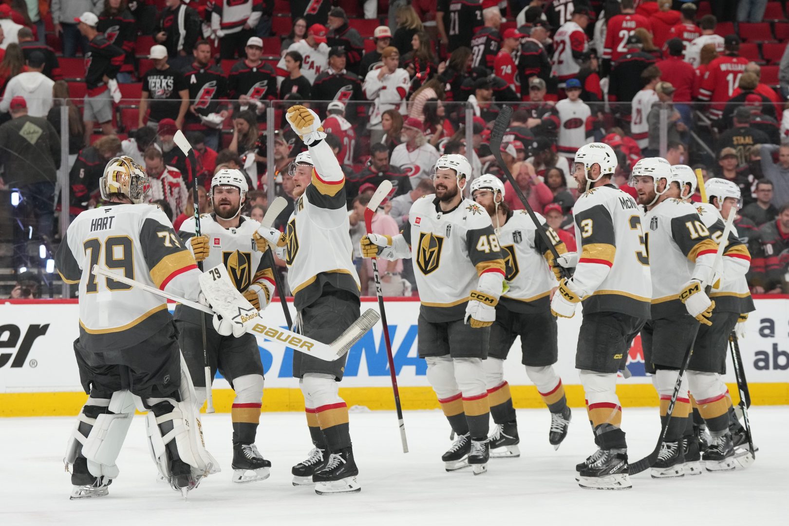 Vegas Golden Knights celebrate the win against the Carolina Hurricanes in game one of the 2026 Stanley Cup Final