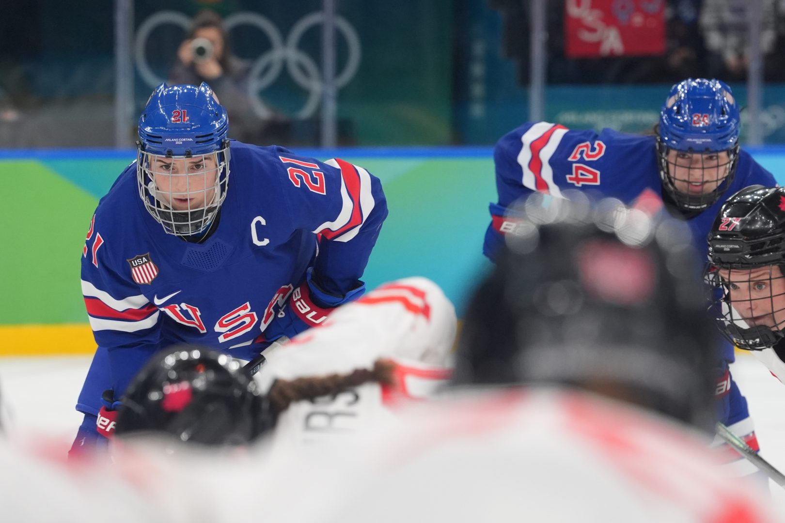 Hilary Knight of the United States looks on during a face off in the women's ice hockey
