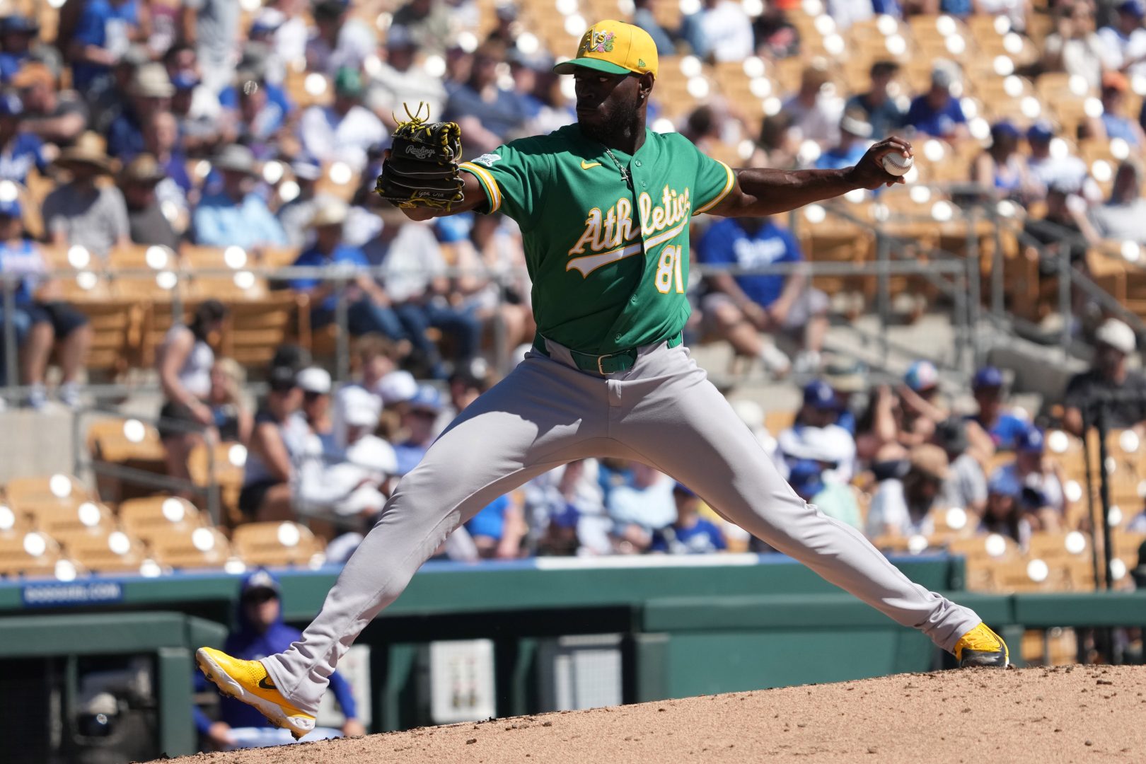 Athletics pitcher CD Pelham throws during the first inning of a spring training game against the Los Angeles Dodgers at Camelback Ranch on March 21, 2026.