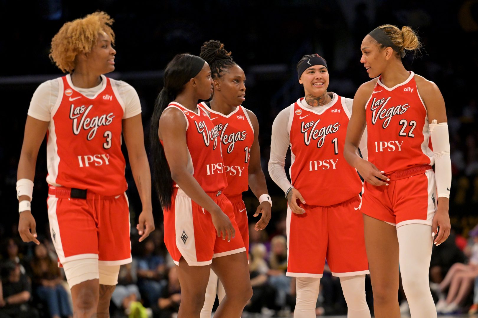 Las Vegas Aces players celebrate during Commissioner’s Cup play, which has already generated donation money for the Public Education Foundation.