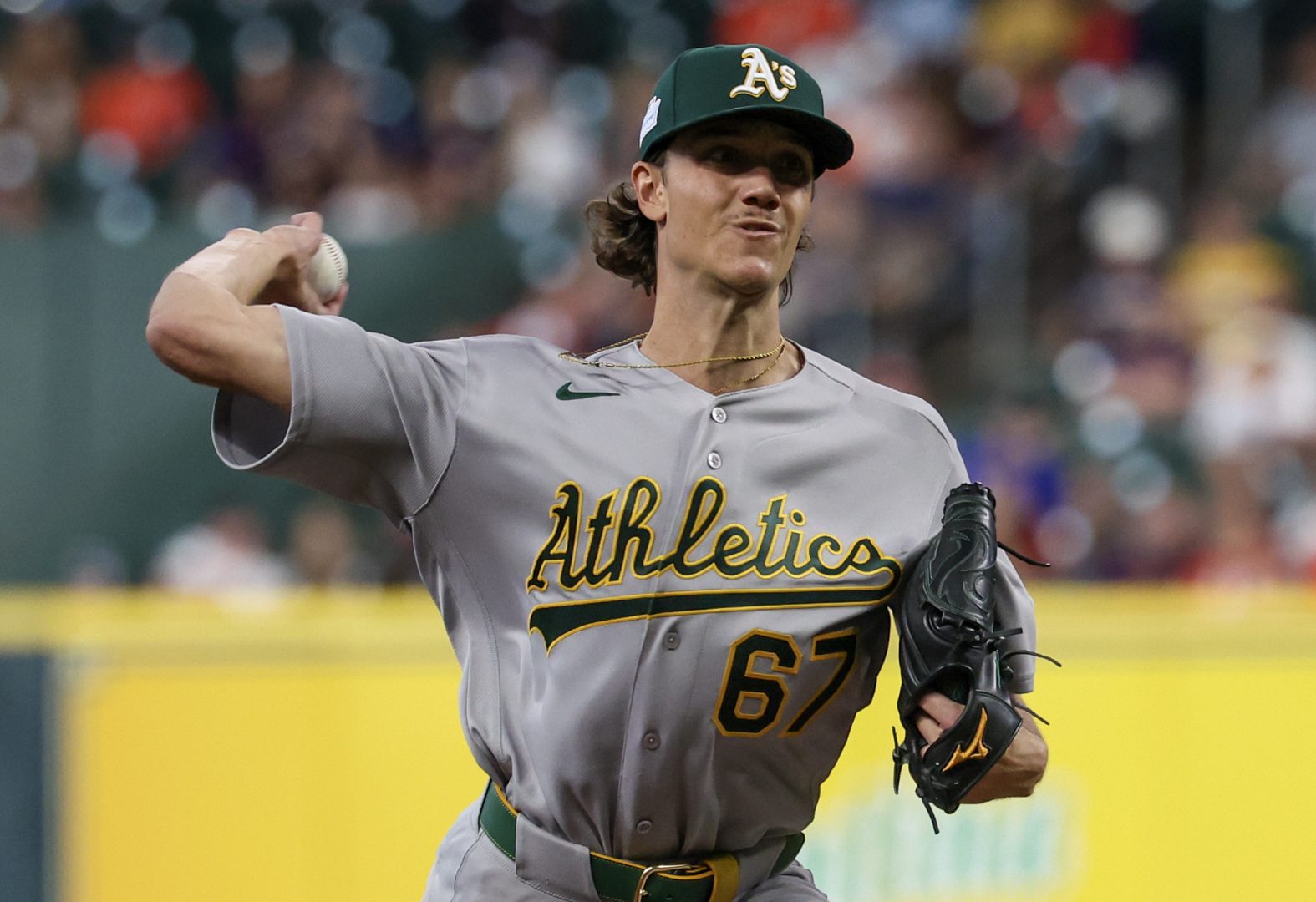 Athletics rookie right-hander Kade Morris delivers a pitch during the first inning of his major league debut against the Houston Astros at Daikin Park on June 6, 2026.