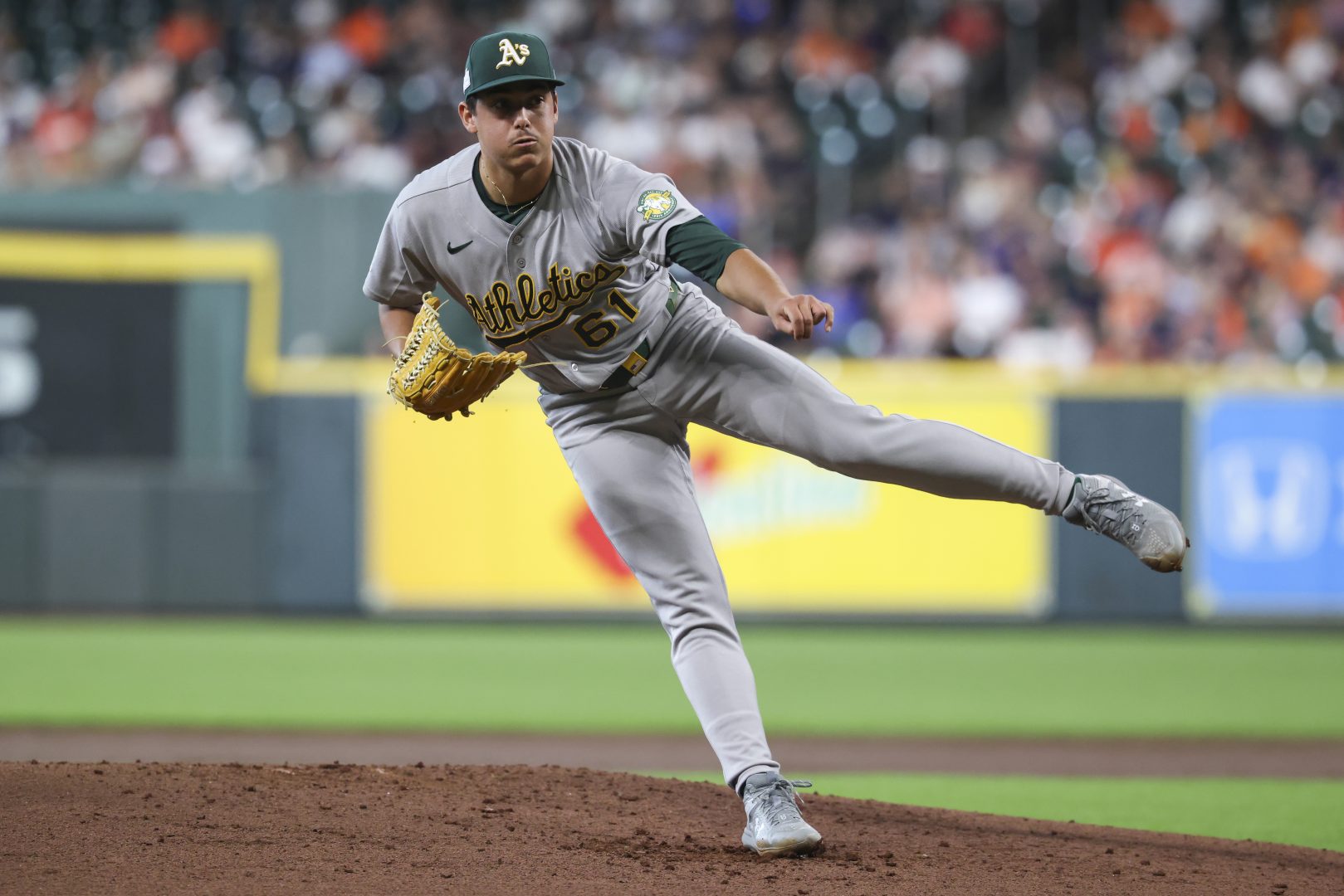 Athletics starting pitcher Gage Jump delivers a pitch during the second inning against the Houston Astros on June 7, 2026, at Daikin Park in Houston. Jump allowed three hits over 6 1/3 scoreless innings in the Athletics' 5-0 victory.